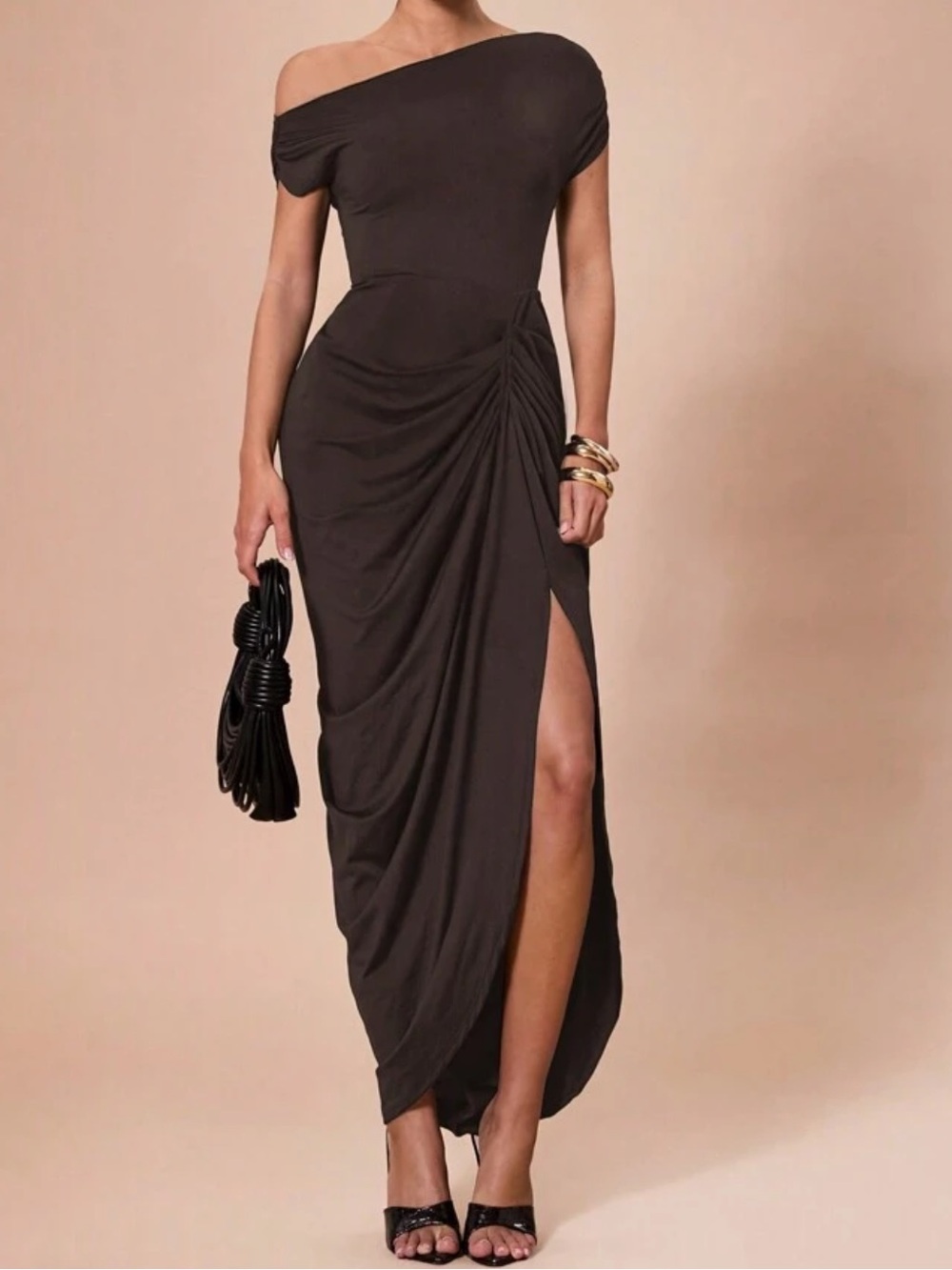 Asymmetrical off shoulder Ruched Side-Slit midi Dress in Dark Brown stretchy